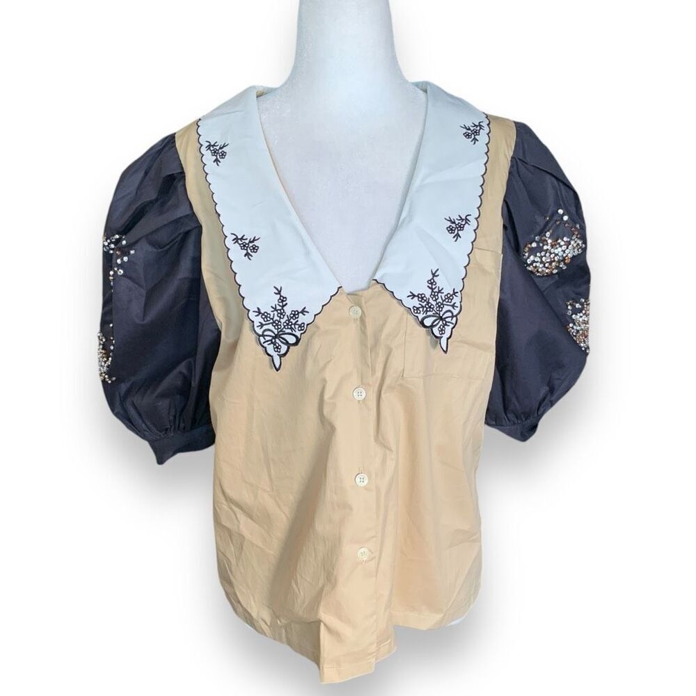 Sunyuer Embroidered Blouse Beige Black Dark Floral Puff Sleeve Deep Vneck Collar